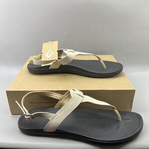 OLUKAI Ekekeu T Strap Thong Sandals Women Size 11 Black Beige Comfort Flip Flop